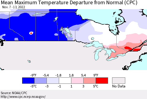 Canada Mean Maximum Temperature Departure from Normal (CPC) Thematic Map For 11/7/2022 - 11/13/2022
