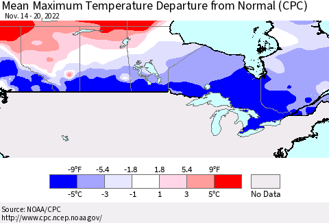 Canada Mean Maximum Temperature Departure from Normal (CPC) Thematic Map For 11/14/2022 - 11/20/2022