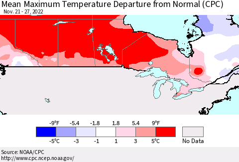 Canada Mean Maximum Temperature Departure from Normal (CPC) Thematic Map For 11/21/2022 - 11/27/2022