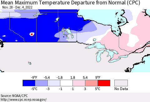 Canada Mean Maximum Temperature Departure from Normal (CPC) Thematic Map For 11/28/2022 - 12/4/2022