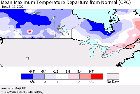 Canada Mean Maximum Temperature Departure from Normal (CPC) Thematic Map For 12/5/2022 - 12/11/2022