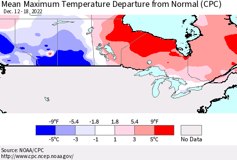 Canada Mean Maximum Temperature Departure from Normal (CPC) Thematic Map For 12/12/2022 - 12/18/2022