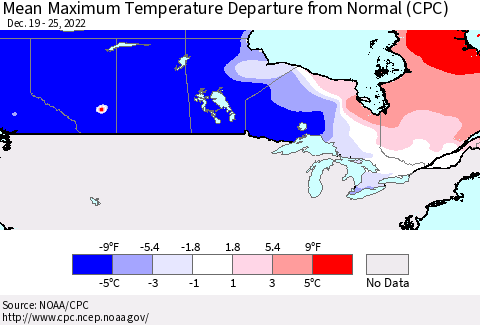 Canada Mean Maximum Temperature Departure from Normal (CPC) Thematic Map For 12/19/2022 - 12/25/2022