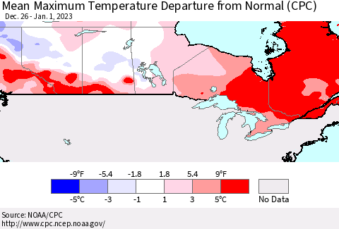 Canada Mean Maximum Temperature Departure from Normal (CPC) Thematic Map For 12/26/2022 - 1/1/2023