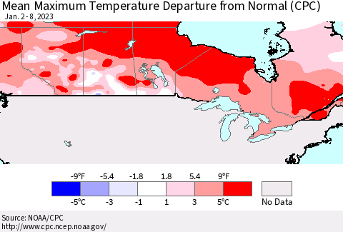 Canada Mean Maximum Temperature Departure from Normal (CPC) Thematic Map For 1/2/2023 - 1/8/2023