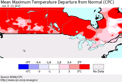 Canada Mean Maximum Temperature Departure from Normal (CPC) Thematic Map For 1/9/2023 - 1/15/2023
