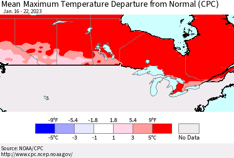 Canada Mean Maximum Temperature Departure from Normal (CPC) Thematic Map For 1/16/2023 - 1/22/2023