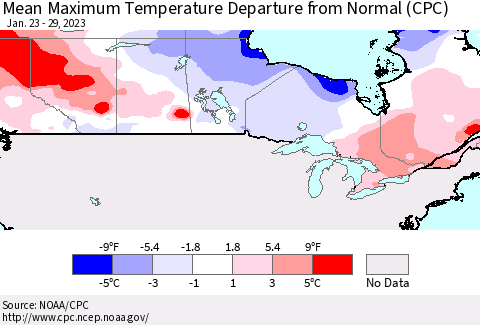Canada Mean Maximum Temperature Departure from Normal (CPC) Thematic Map For 1/23/2023 - 1/29/2023