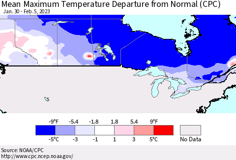 Canada Mean Maximum Temperature Departure from Normal (CPC) Thematic Map For 1/30/2023 - 2/5/2023