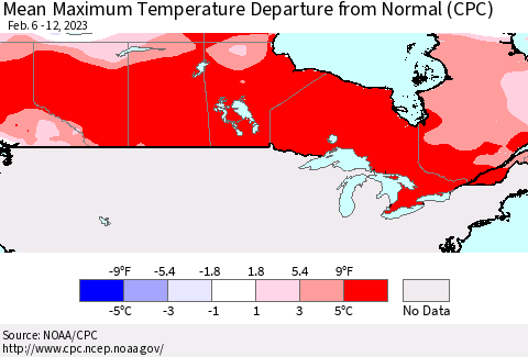 Canada Mean Maximum Temperature Departure from Normal (CPC) Thematic Map For 2/6/2023 - 2/12/2023