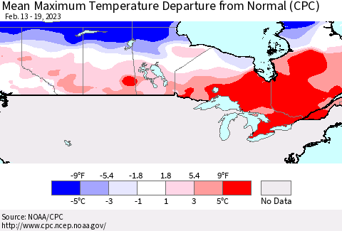 Canada Mean Maximum Temperature Departure from Normal (CPC) Thematic Map For 2/13/2023 - 2/19/2023