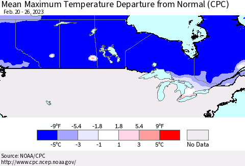 Canada Mean Maximum Temperature Departure from Normal (CPC) Thematic Map For 2/20/2023 - 2/26/2023