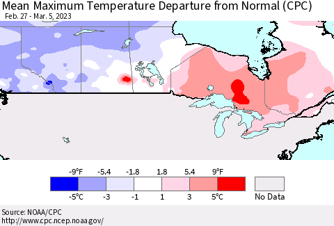Canada Mean Maximum Temperature Departure from Normal (CPC) Thematic Map For 2/27/2023 - 3/5/2023