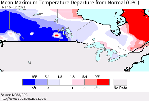 Canada Mean Maximum Temperature Departure from Normal (CPC) Thematic Map For 3/6/2023 - 3/12/2023
