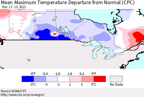 Canada Mean Maximum Temperature Departure from Normal (CPC) Thematic Map For 3/13/2023 - 3/19/2023