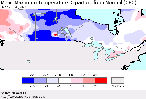 Canada Mean Maximum Temperature Departure from Normal (CPC) Thematic Map For 3/20/2023 - 3/26/2023