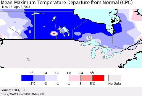 Canada Mean Maximum Temperature Departure from Normal (CPC) Thematic Map For 3/27/2023 - 4/2/2023