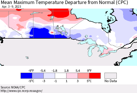 Canada Mean Maximum Temperature Departure from Normal (CPC) Thematic Map For 4/3/2023 - 4/9/2023