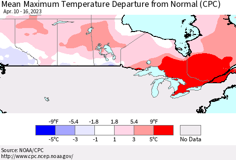 Canada Mean Maximum Temperature Departure from Normal (CPC) Thematic Map For 4/10/2023 - 4/16/2023