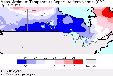 Canada Mean Maximum Temperature Departure from Normal (CPC) Thematic Map For 4/17/2023 - 4/23/2023