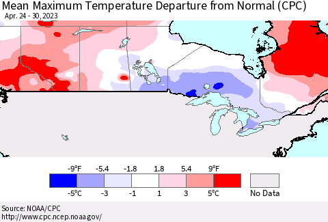 Canada Mean Maximum Temperature Departure from Normal (CPC) Thematic Map For 4/24/2023 - 4/30/2023