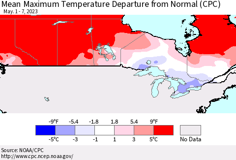 Canada Mean Maximum Temperature Departure from Normal (CPC) Thematic Map For 5/1/2023 - 5/7/2023