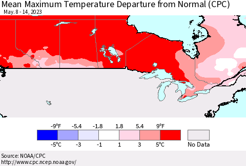 Canada Mean Maximum Temperature Departure from Normal (CPC) Thematic Map For 5/8/2023 - 5/14/2023
