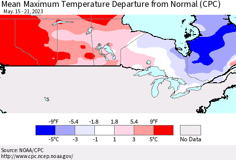 Canada Mean Maximum Temperature Departure from Normal (CPC) Thematic Map For 5/15/2023 - 5/21/2023