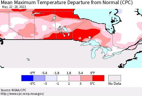 Canada Mean Maximum Temperature Departure from Normal (CPC) Thematic Map For 5/22/2023 - 5/28/2023