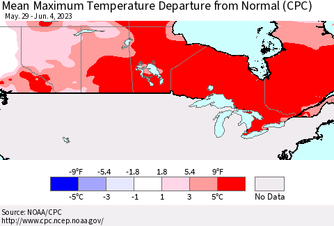 Canada Mean Maximum Temperature Departure from Normal (CPC) Thematic Map For 5/29/2023 - 6/4/2023