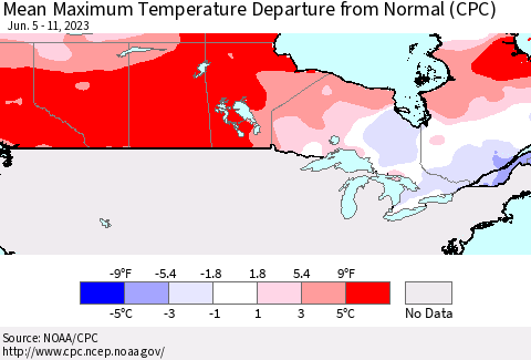 Canada Mean Maximum Temperature Departure from Normal (CPC) Thematic Map For 6/5/2023 - 6/11/2023