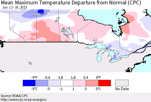 Canada Mean Maximum Temperature Departure from Normal (CPC) Thematic Map For 6/12/2023 - 6/18/2023