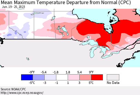 Canada Mean Maximum Temperature Departure from Normal (CPC) Thematic Map For 6/19/2023 - 6/25/2023