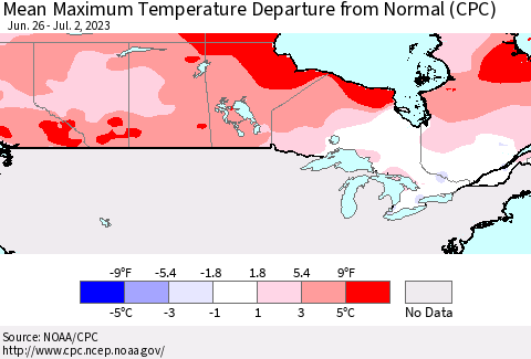 Canada Mean Maximum Temperature Departure from Normal (CPC) Thematic Map For 6/26/2023 - 7/2/2023