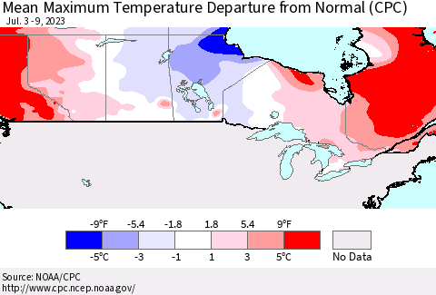 Canada Mean Maximum Temperature Departure from Normal (CPC) Thematic Map For 7/3/2023 - 7/9/2023
