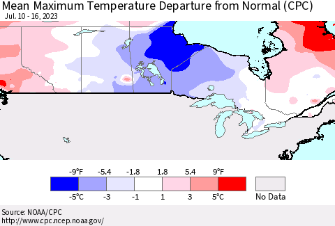 Canada Mean Maximum Temperature Departure from Normal (CPC) Thematic Map For 7/10/2023 - 7/16/2023