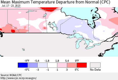 Canada Mean Maximum Temperature Departure from Normal (CPC) Thematic Map For 7/17/2023 - 7/23/2023
