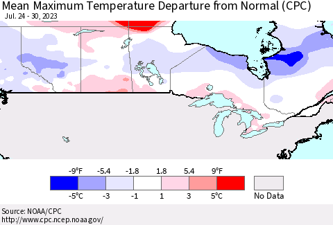 Canada Mean Maximum Temperature Departure from Normal (CPC) Thematic Map For 7/24/2023 - 7/30/2023