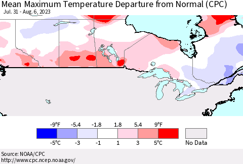 Canada Mean Maximum Temperature Departure from Normal (CPC) Thematic Map For 7/31/2023 - 8/6/2023