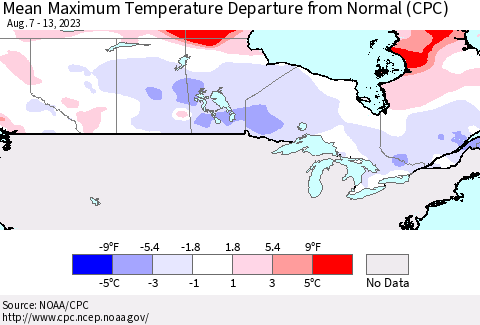 Canada Mean Maximum Temperature Departure from Normal (CPC) Thematic Map For 8/7/2023 - 8/13/2023