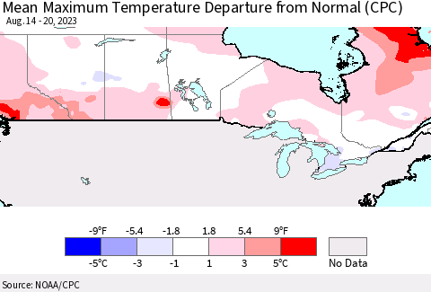 Canada Mean Maximum Temperature Departure from Normal (CPC) Thematic Map For 8/14/2023 - 8/20/2023