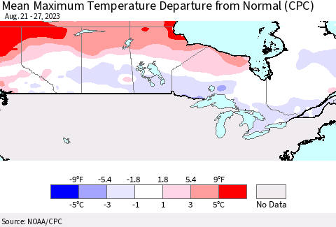 Canada Mean Maximum Temperature Departure from Normal (CPC) Thematic Map For 8/21/2023 - 8/27/2023