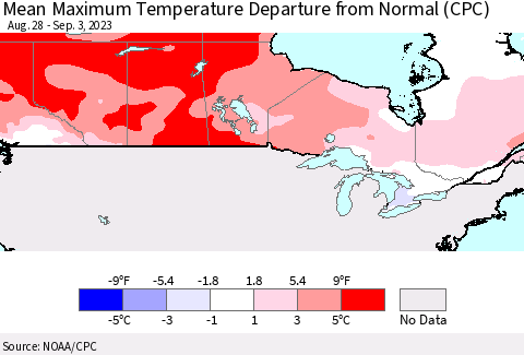 Canada Mean Maximum Temperature Departure from Normal (CPC) Thematic Map For 8/28/2023 - 9/3/2023