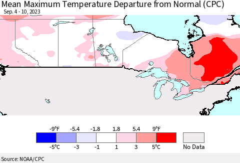Canada Mean Maximum Temperature Departure from Normal (CPC) Thematic Map For 9/4/2023 - 9/10/2023