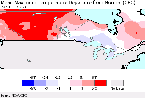 Canada Mean Maximum Temperature Departure from Normal (CPC) Thematic Map For 9/11/2023 - 9/17/2023