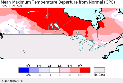 Canada Mean Maximum Temperature Departure from Normal (CPC) Thematic Map For 9/18/2023 - 9/24/2023