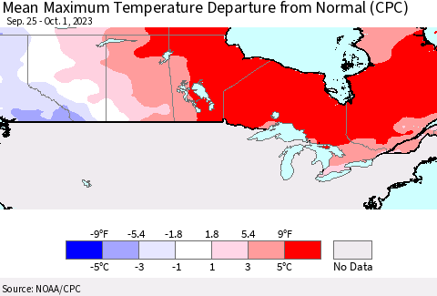 Canada Mean Maximum Temperature Departure from Normal (CPC) Thematic Map For 9/25/2023 - 10/1/2023