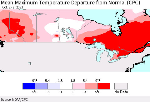 Canada Mean Maximum Temperature Departure from Normal (CPC) Thematic Map For 10/2/2023 - 10/8/2023