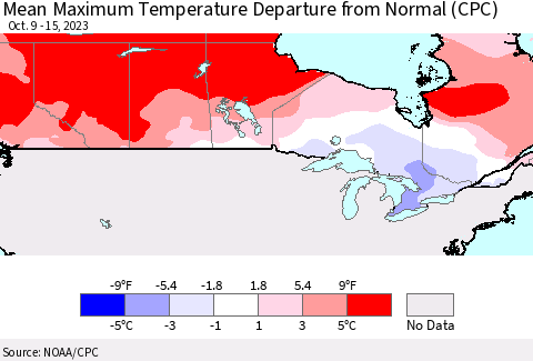 Canada Mean Maximum Temperature Departure from Normal (CPC) Thematic Map For 10/9/2023 - 10/15/2023