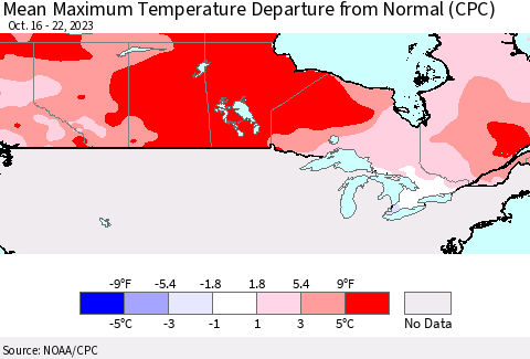 Canada Mean Maximum Temperature Departure from Normal (CPC) Thematic Map For 10/16/2023 - 10/22/2023